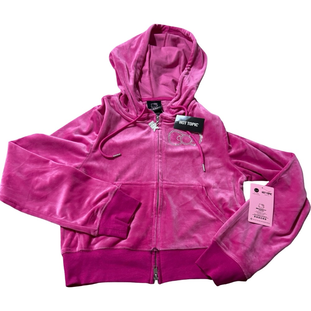 Hello Kitty Hot Topic Velour Hoodie Juniors Medium Pink New‎ Rhinestone Star Zip